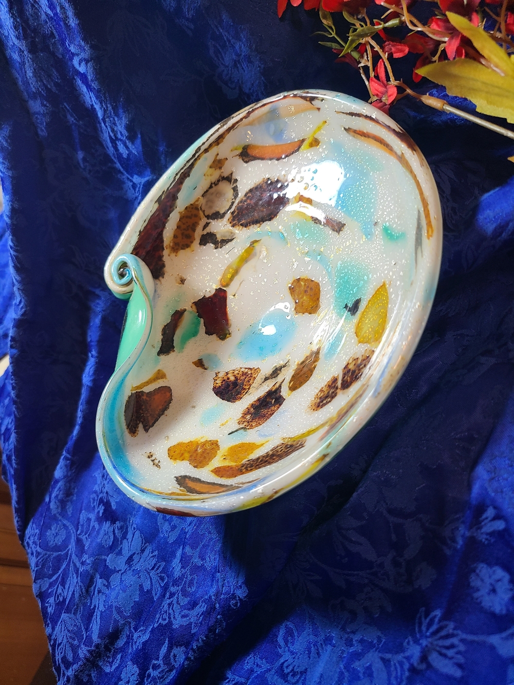 Antique Turquoise White Ceramic Decorative Bowl with Gold and Brown Accents - Picture 4 of 9